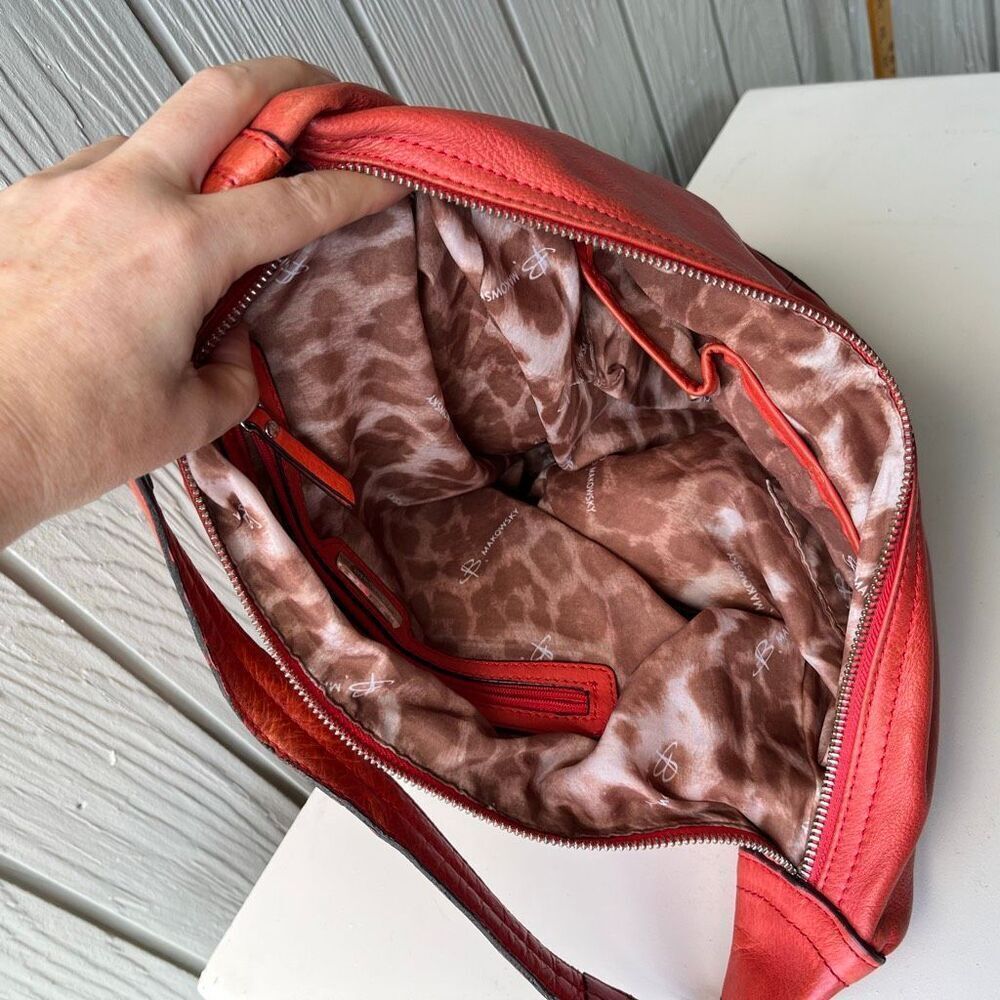 VTG B. Makowsky Coral Red Leather Hobo Bag | Slouchy Bucket Shoulder Purse - Picture 7 of 13